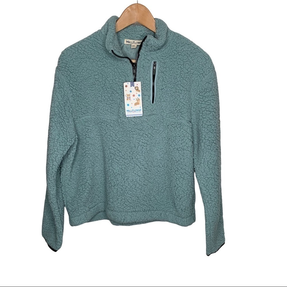 New Wallflower Womens High Pile Fleece Pullover Jacket Size Large Blue Green